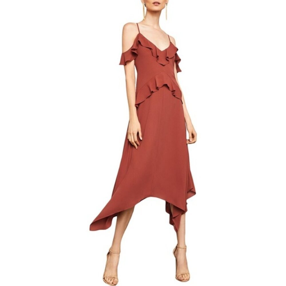 Bcbgmaxazria XXS Lissa Dress Rust Slip Asymmeyrical Georgette Flowy